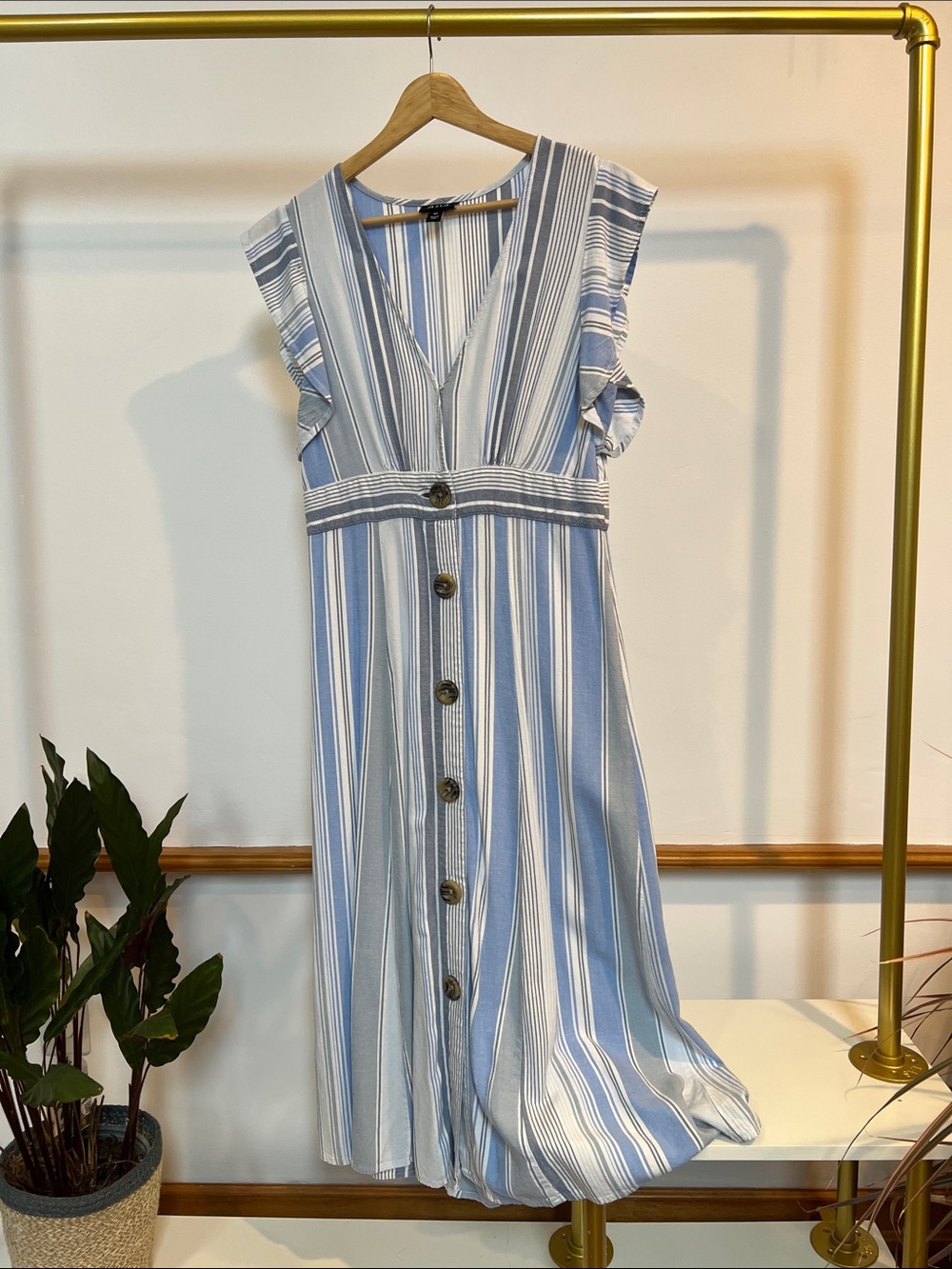 a.n.a Blue and White Striped V-Neck Midi Dress